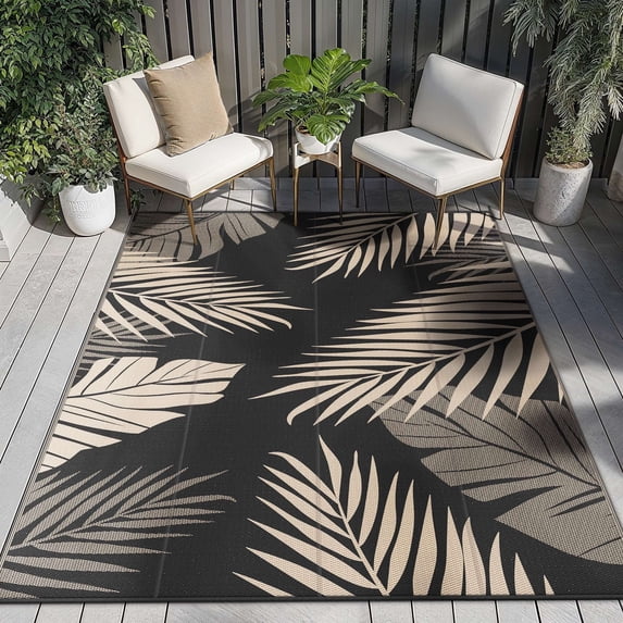 DEORAB Outdoor Rugs Patio Lightweight Waterproof Mat Plastic Rv Camper Outside Carpet,Black&Beige,8'x10'
