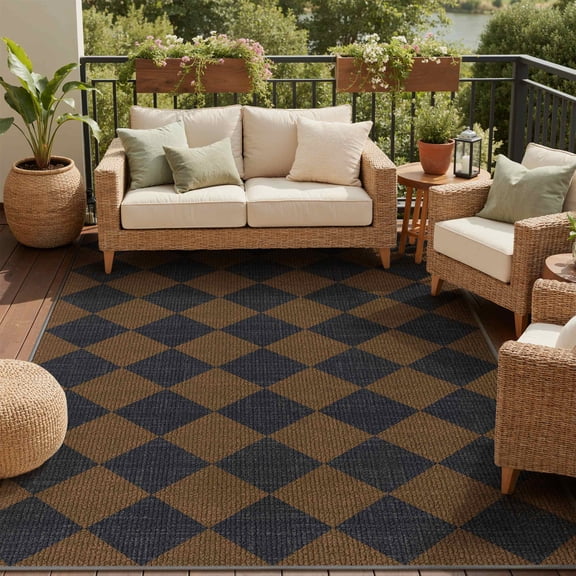 DEORAB Outdoor Rug 5'x 8' Polypropylene Surface Washable UV-Resistant Carpet Patio Deck Porch,Black & Brown