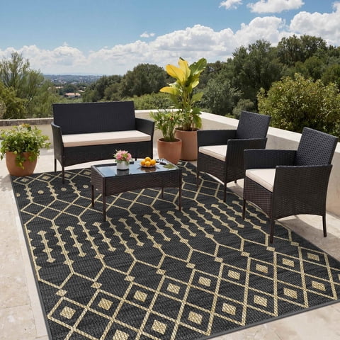 DEORAB Outdoor Rug 5'x 8' Polypropylene Surface Washable UV-Resistant Carpet Patio Deck Porch,Black & Beige