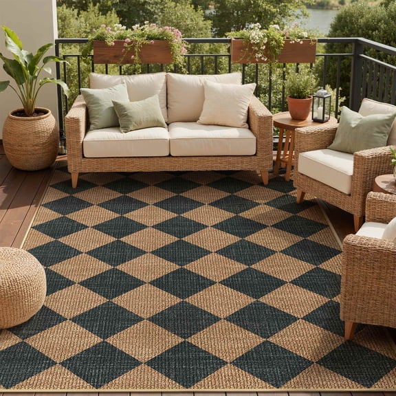 DEORAB Outdoor Rug 5'x 8' Polypropylene Surface Washable UV-Resistant Carpet Patio Deck Porch，Black & Coffee