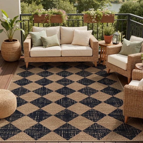 DEORAB Outdoor Rug 5'x 8' Polypropylene Surface Washable UV-Resistant Carpet Patio Deck Porch,Black & Coffee