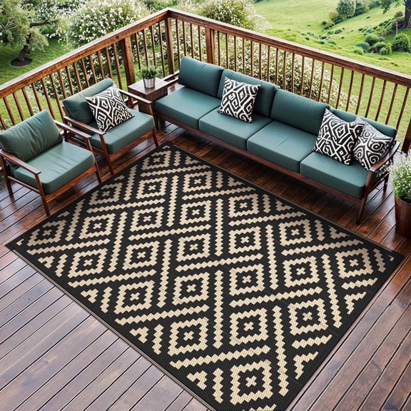 DEORAB Outdoor Rugs Waterproof Plastic Straw Mat 5'x8' Reversible for RV Patio Deck Beach Black & Beige