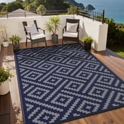 DEORAB Outdoor Rugs Waterproof Plastic Straw Mat 5'x8' Reversible for RV Patio Deck Beach Blue & Grey