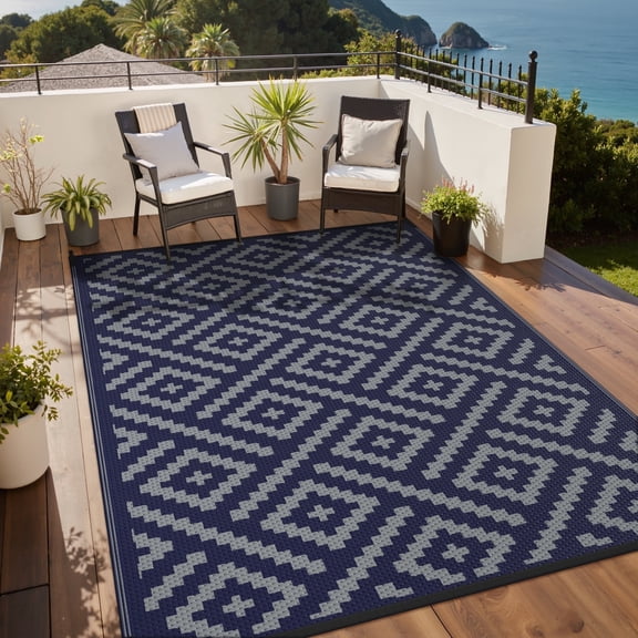 DEORAB Outdoor Rugs Waterproof Plastic Straw Mat 5'x8' Reversible for RV Patio Deck Beach Blue & Grey