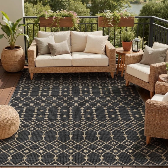 DEORAB Outdoor Rug 6'x 9' Polypropylene Surface Washable UV-Resistant Carpet Patio Deck Porch,Black & Beige