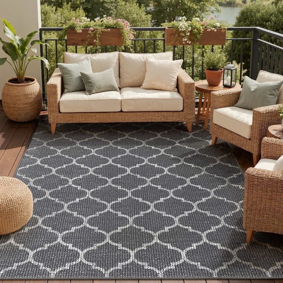 DEORAB Outdoor Rug 5'x 8' Polypropylene Surface Washable UV-Resistant Carpet Patio Deck Porch,Grey