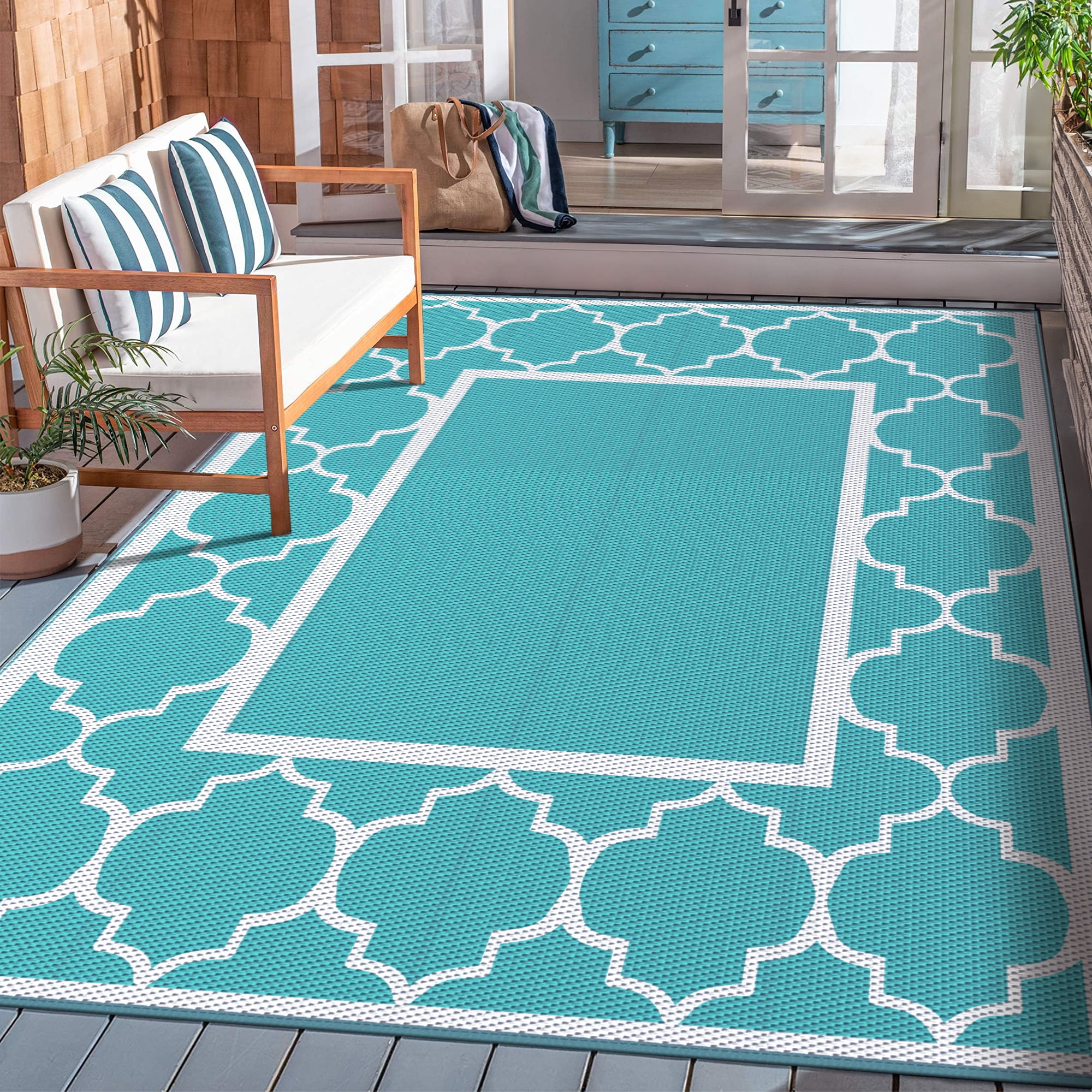 DEORAB Outdoor Rugs Waterproof Plastic Straw Mat 6'x9' Reversible for RV Patio Deck Beach Aqua Blue & White