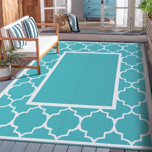 DEORAB Outdoor Rugs Waterproof Plastic Straw Mat 6'x9' Reversible for RV Patio Deck Beach Aqua Blue & White