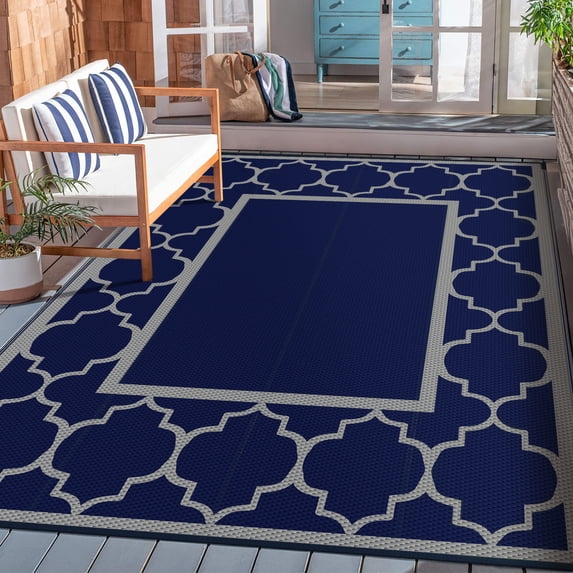DEORAB Outdoor Rugs Waterproof Plastic Straw Mat 6'x9' Reversible for RV Patio Deck Beach Blue & Grey