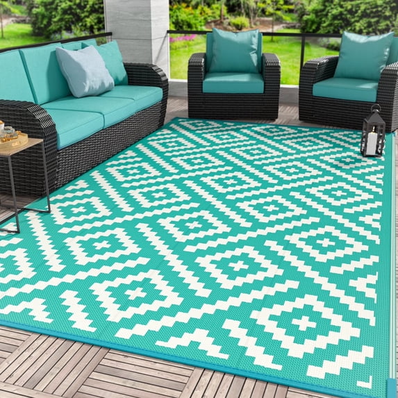 DEORAB Outdoor Rugs Waterproof Plastic Straw Mat 6'x9' Reversible for RV Patio Deck Beach Lake Green & Beige White