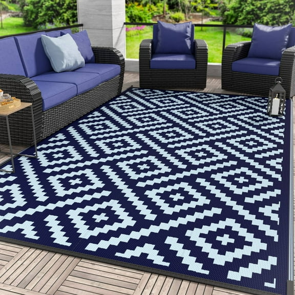DEORAB Outdoor Rugs Waterproof Plastic Straw Mat 6'x9' Reversible for RV Patio Deck Beach Navy Blue & Baby Blue