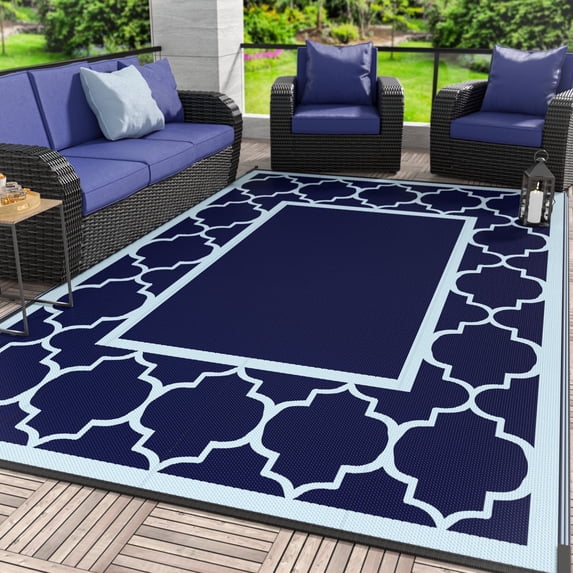 DEORAB Outdoor Rugs Waterproof Plastic Straw Mat 6'x9' Reversible for RV Patio Deck Beach Navy Blue & Baby Blue
