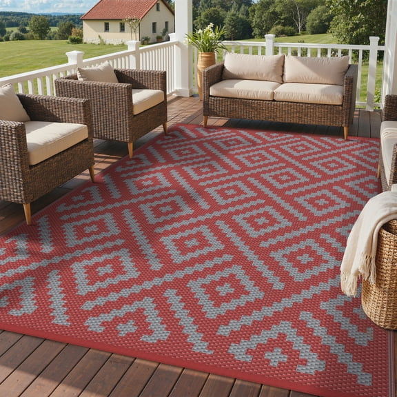 DEORAB Outdoor Rugs Waterproof Plastic Straw Mat 6'x9' Reversible for RV Patio Deck Beach Red & Grey