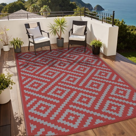 DEORAB Outdoor Rugs Waterproof Plastic Straw Mat 6'x9' Reversible for RV Patio Deck Beach Red & Grey