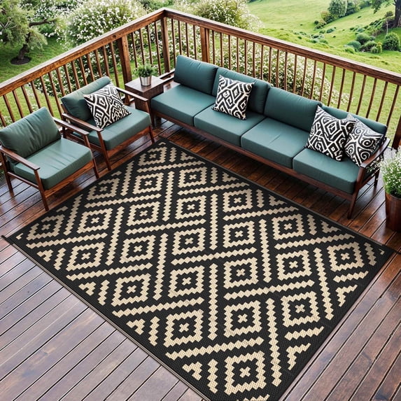 DEORAB Outdoor Rugs Waterproof Plastic Straw Mat 8'x10' Reversible for RV Patio Deck Beach Black & Beige