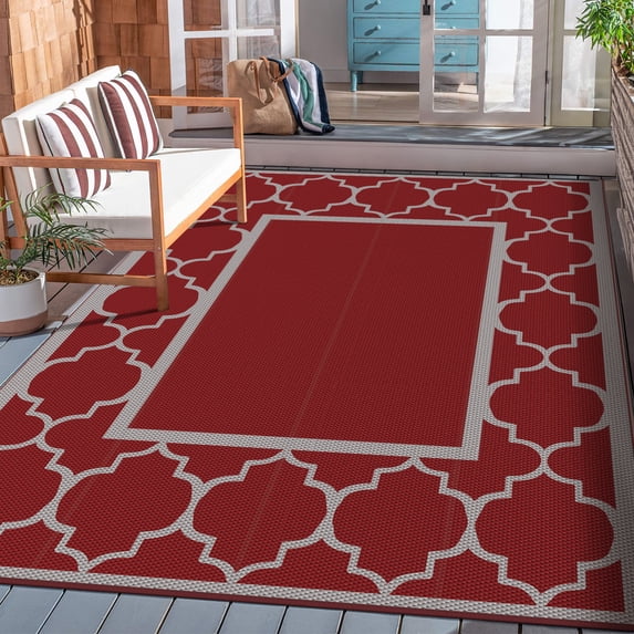 DEORAB Outdoor Rugs Waterproof Plastic Straw Mat 8'x10' Reversible for RV Patio Deck Beach Red & Grey