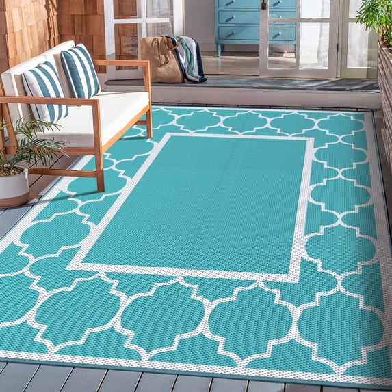 DEORAB Outdoor Rugs Waterproof Plastic Straw Mat 9'x12' Reversible for RV Patio Deck Beach Aqua Blue & White