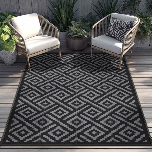 DEORAB Outdoor Rugs Waterproof Plastic Straw Mat 9'x12' Reversible for RV Patio Deck Beach Black & Gray