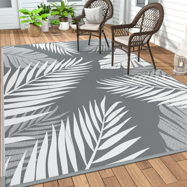 DEORAB Outdoor Rugs for Patio Clearance, Waterproof Plastic Mat, Rv,  Camper, Gray & White, 5'x8