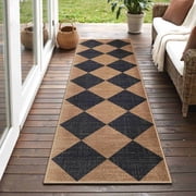 DEORAB Outdoor Runner Rug 2'x 7' Polypropylene Surface Washable UV-Resistant Carpet Hallway Entryway Patio Balcony Deck Black & Coffee