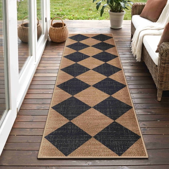 DEORAB Outdoor Runner Rug 2'x 7' Polypropylene Surface Washable UV-Resistant Carpet Hallway Entryway Patio Balcony Deck Black & Coffee