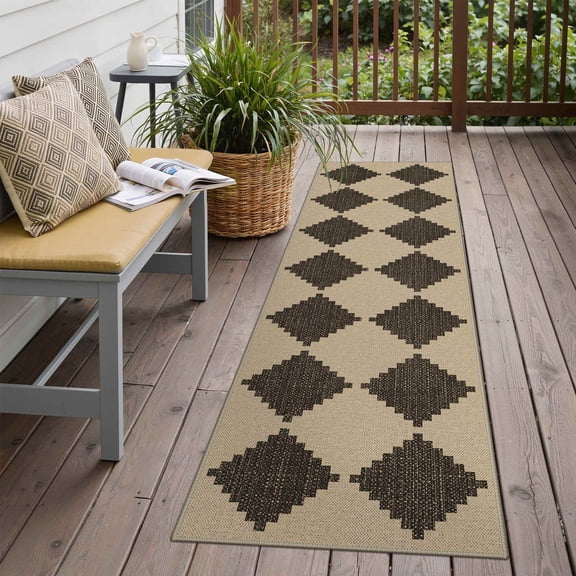 DEORAB Outdoor Runner Rug 2x7 Checkered Jute Rug Polyester Machine Weave Easy-Cleaning Non Slip Geometric Outdoor Carpet Kitchen Entryway Hallway Zigzag Diamond