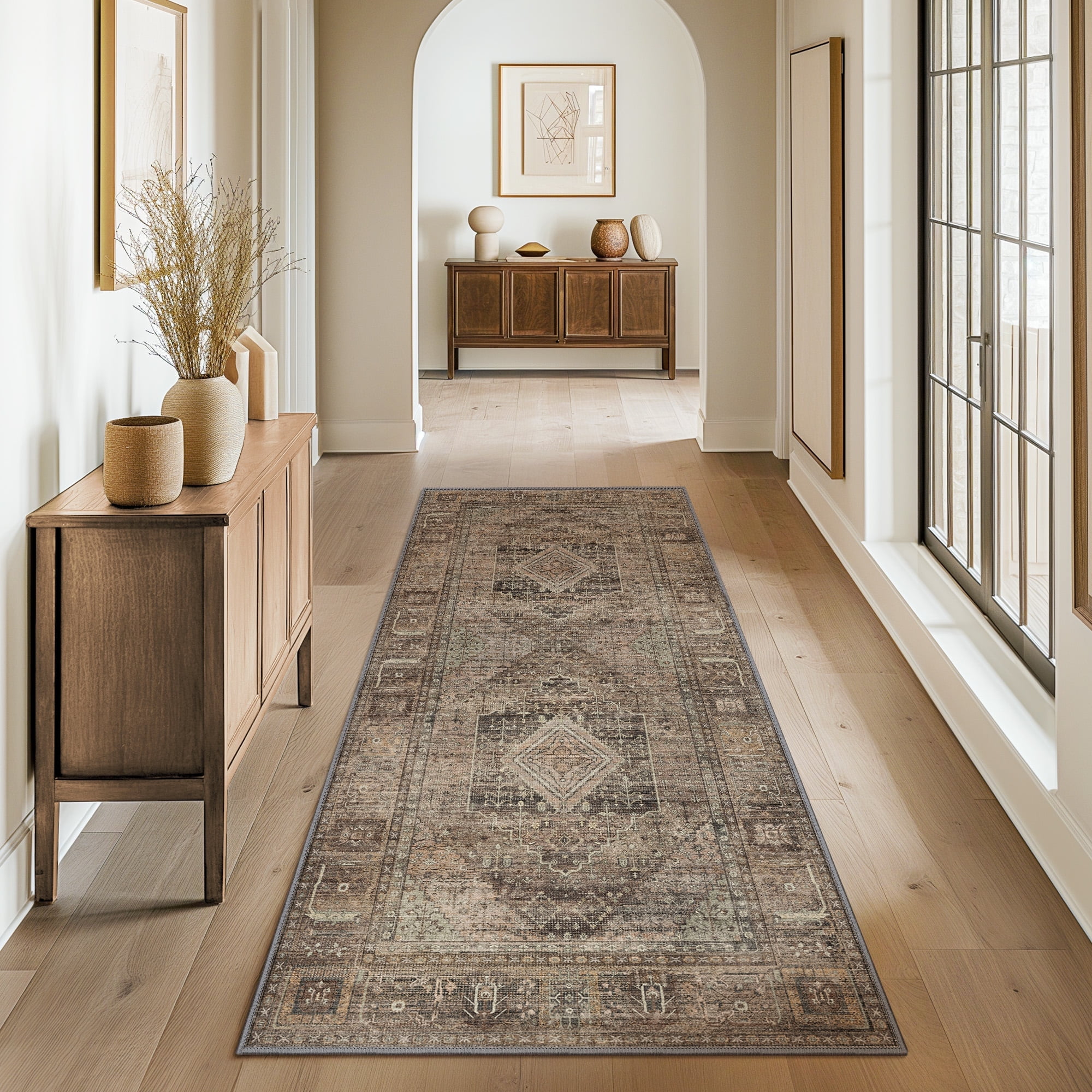 DEORAB Runner Rug 2X5 Non Slip Hallway Vintage Rugs, Machine Washable Lightweight Mat for Living Room, Entryway, Bedroom, Kitchen and Passage, Ultra-Thin, TAN