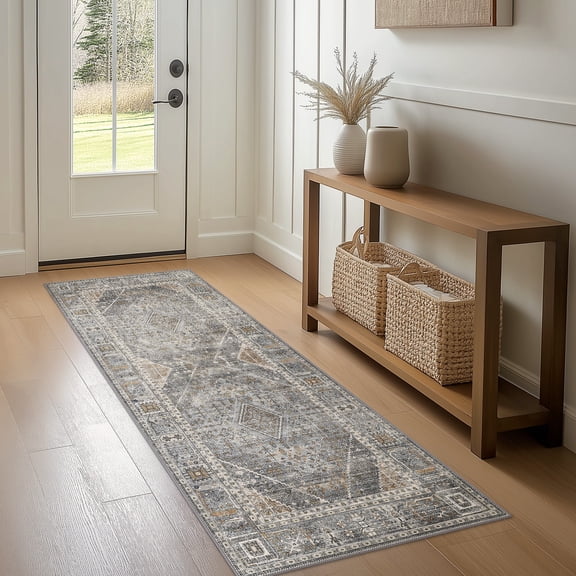 DEORAB Runner Rug 2X6 Non Slip Hallway Vintage Rugs, Machine Washable Lightweight Mat for Living Room, Entryway, Bedroom, Kitchen and Passage, Ultra-Thin