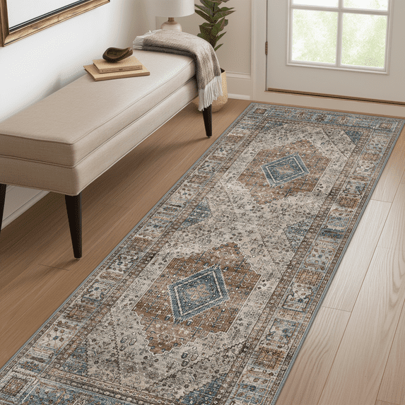 DEORAB Runner Rug 3X8 Non Slip Hallway Vintage Rugs, Machine Washable Lightweight Mat for Living Room, Entryway, Bedroom, Kitchen and Passage, Ultra-Thin, Blue Gray