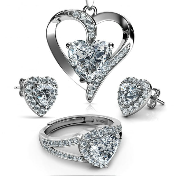 DEPHINI silver ring set - Heart Necklace Earrings & Ring - 925 Silver