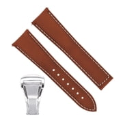 Deployment Leather Band Strap Clasp, 22mm, Tan with White Stitching, Silver Clasp, Compatible With 22mm 45.5mm Omega Planet Ocean Tan