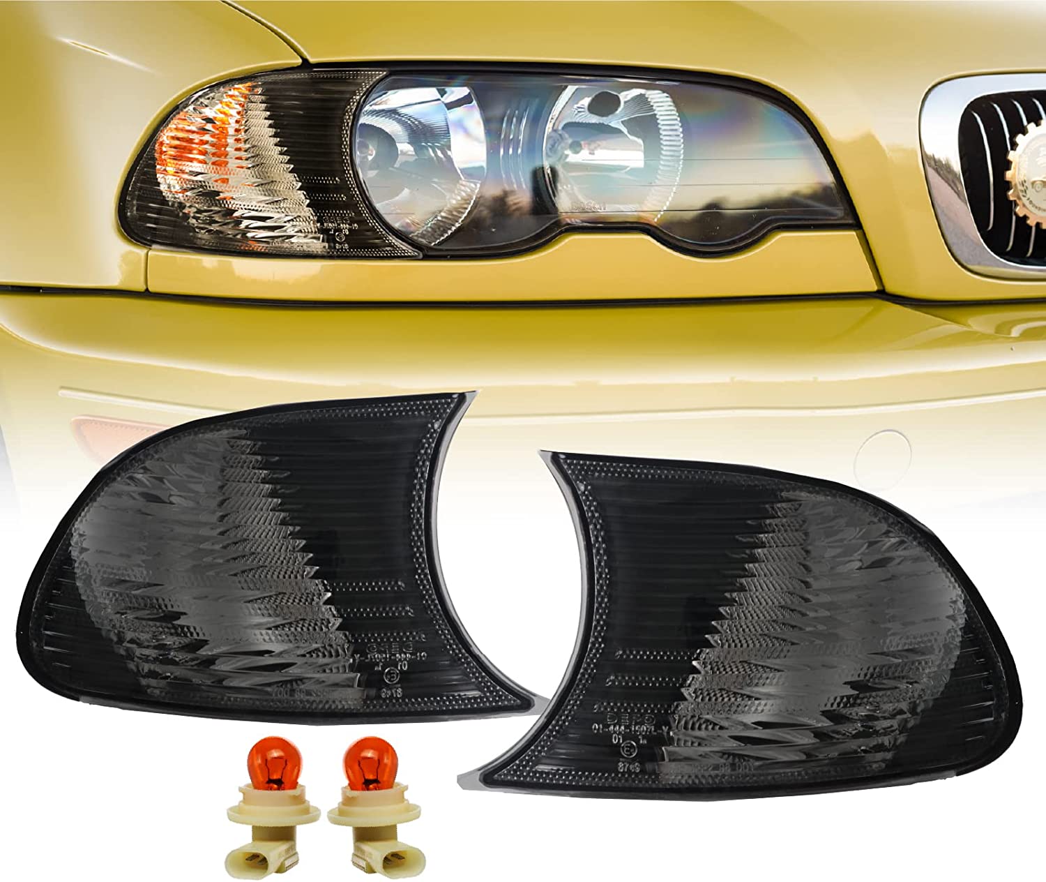 DEPO 00-01 E46 2D Cornering Lights - OE Euro Smoke Clip-On Corner Turn Signal Lamps (Left + Right) Compatible with 2000-2001 BMW E46 3 Series 2 Doors Coupe / Convertible (Smoked Lens w/ 2 Amber Bulbs)