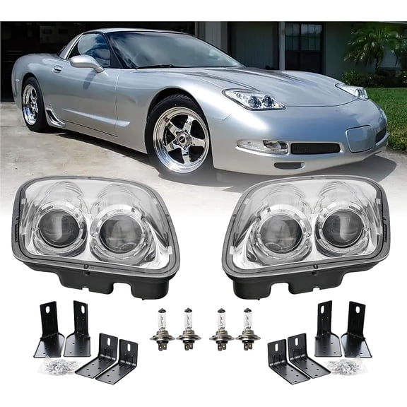 DEPO 97-04 Corvette C5 Plug and Play Chrome Housing Clear Lens Projector Headlight Upgrade Set (Left + Right) Compatible with 1997-2004 Chevy Chevrolet Corvette C5