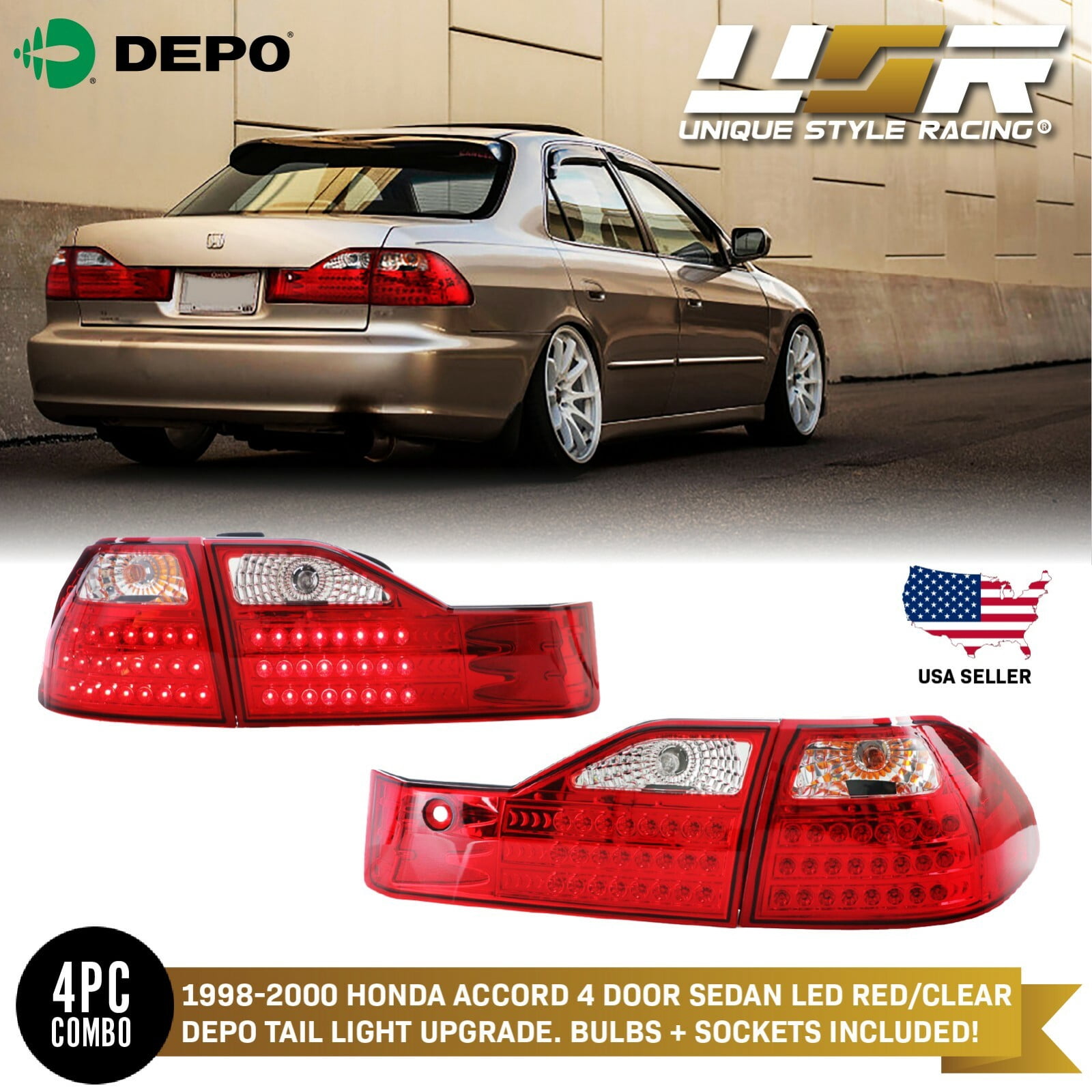 1998 2000 Honda Accord 4DR Sedan Red/Clear Euro Tail Lights LT ACD984RPW DP