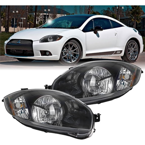 DEPO UPGRADE Black Replacement Front Headlights (Left + Right) Compatible with 2006-2011 Mitsubishi Eclipse HALOGEN GS GT SE Spyder Hatchback Coupe (Black Housing, Plug and Play, 2 PC Set)