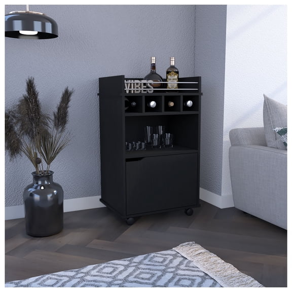 DEPOT E-SHOP 35" H Bar Cart with Two Shelves four Wine Cubbies and One Cabinet,Black