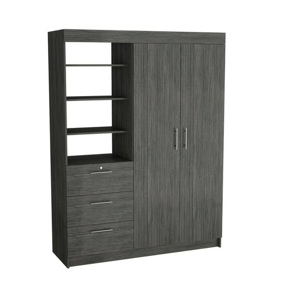 Depot E-Shop Laurel 3-Tier Shelf and Drawers Armoire with Metal Handles, Smokey Oak -Bedroom