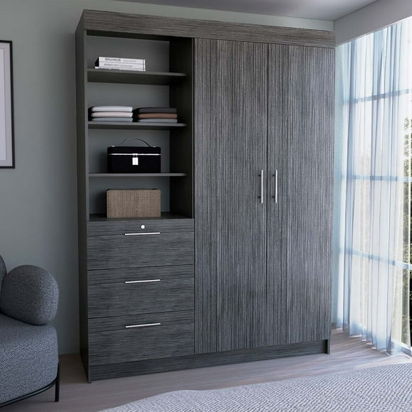 DEPOT E-SHOP Laurel 3-Tier Shelf and Drawers Armoire with Metal Handles