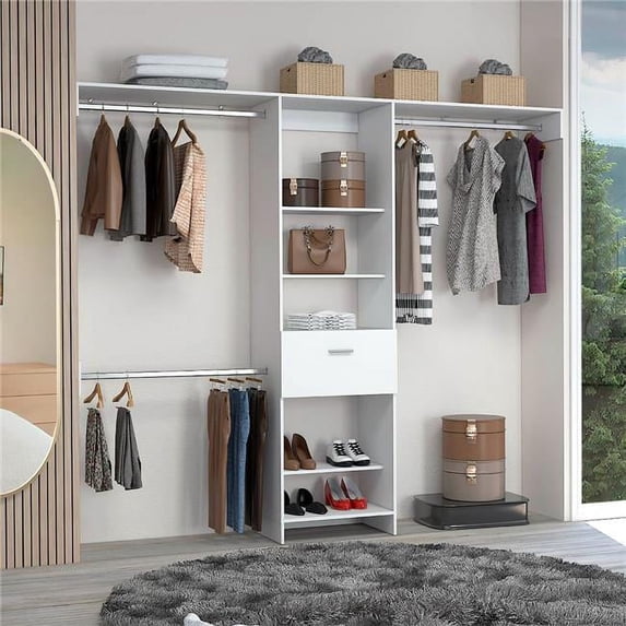 Depot E-Shop Brisk 250 Closet System With 5 Open Shelves, 1 Drawer, And 3 Metal Rods, White