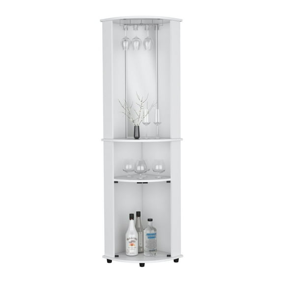 Depot E-Shop Corner Bar Cabinet Unit with Wine Glass Rack and Lower Cabinet, White