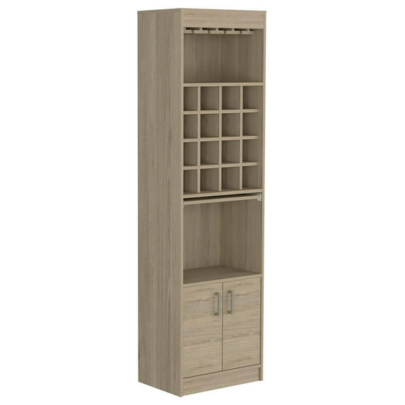 Depot E-Shop Athens Kava Bar Cabinet With Double Door, Open Shelf, Glass Rack, Tray, And 16 Wine Cubbies, Light Pine