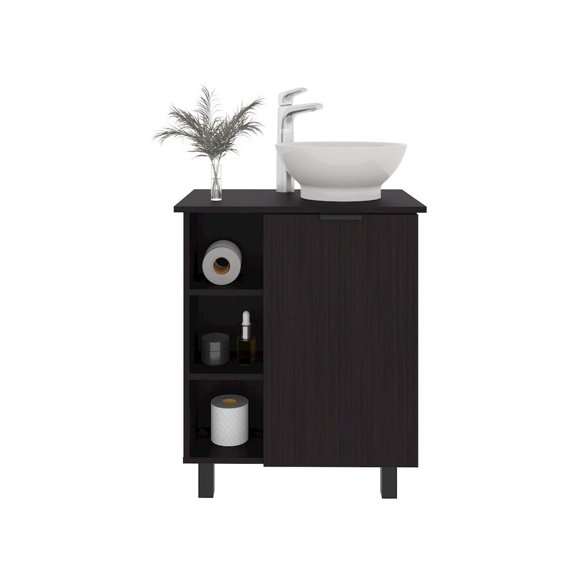 Depot E-Shop Dobson Vanity Sink, 1 Door, 4 Legs, 5 Shelves, Black Wengue