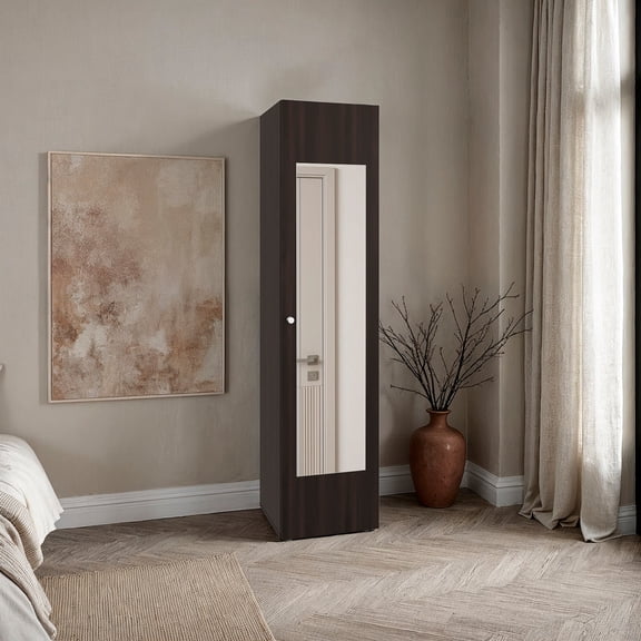DEPOT E-SHOP Frisco 1-Door Wardrobe Closet with Full-Length Mirror, Hanging Rod, Shelves and Freestanding Bedroom Storage Cabinet