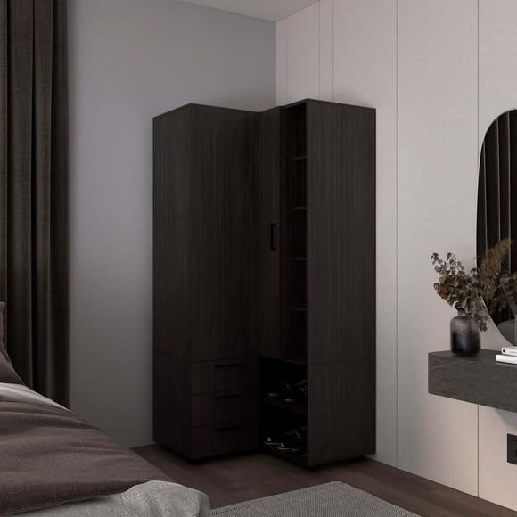 DEPOT E-SHOP DE-CLW11517 Granger Armoire, 1 Door, 3 Drawers, 7 Shelves, 10 Legs, Black Wengue