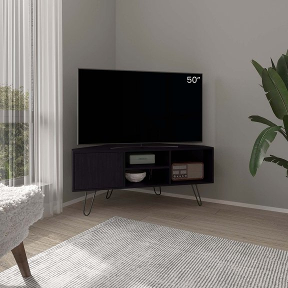 DEPOT E-SHOP Jenks TV Stand - 1 Door, 3 Shelves, Black Media Console - FSC Certified, 1 Year Warranty