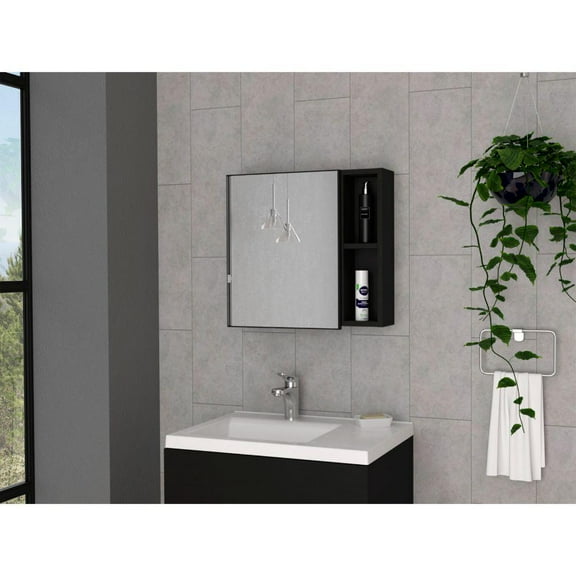 DEPOT E-SHOP Kazan Medicine Cabinet, Mirror, One-Door Cabinet, Two External Shelves, Three Internal Shelves-Black, For Living Room
