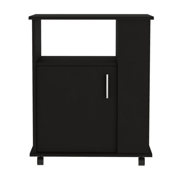 Depot E-Shop Munich Microwave Cabinet Kitchen Cart With Open Shelf, 3 Side Shelves, Casters, And 2 Interior Shelves, Black