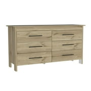 DEPOT E-SHOP Paris 6 Drawer Double Dresser -Six Drawers, Four Legs, Countertop-Light Oak/White. For Bedroom