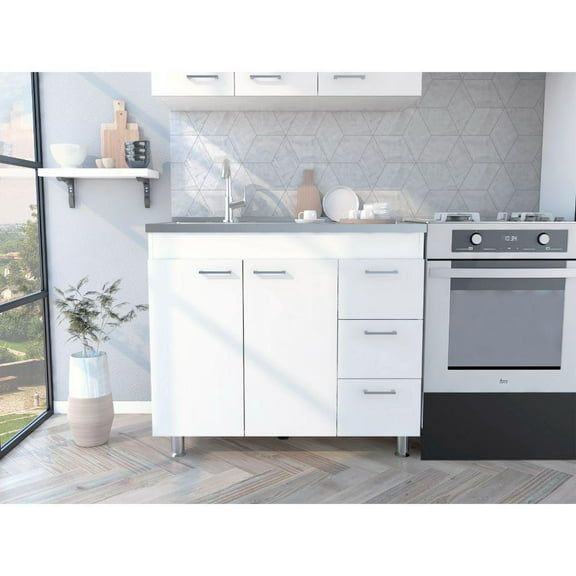 Depot E-Shop Rushville Utility Sink Cabinet With Double Doors, Stainless Steel Countertop, And 3 Drawers, White