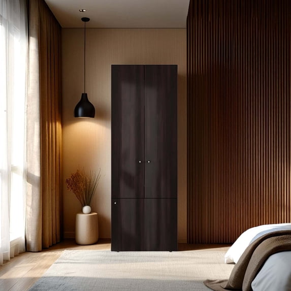 DEPOT E-SHOP Trego Armoire, 3 Doors, 3 Shelves, Walnut / Black Wengue